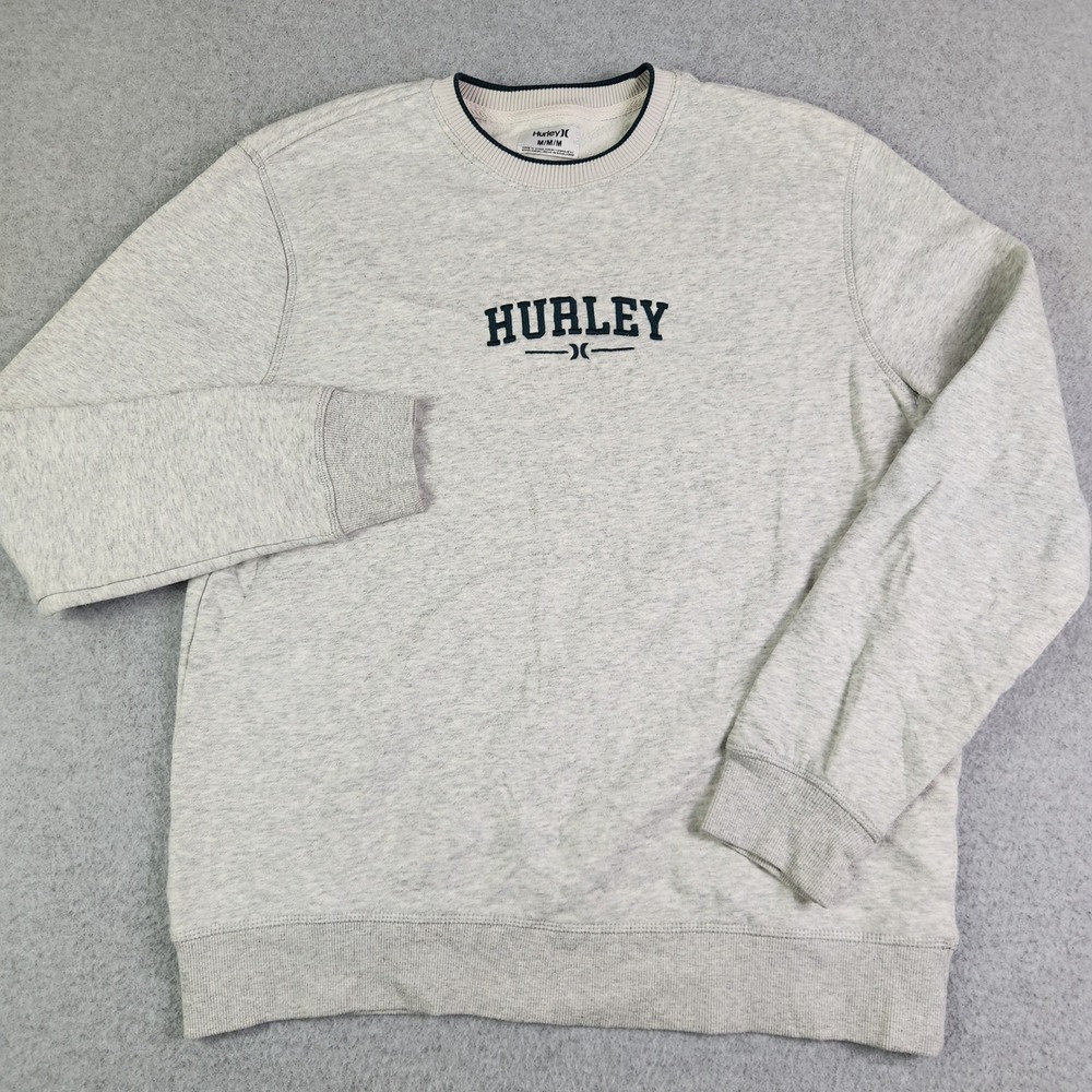 Hurley Sweatshirt Men Medium Gray Fleece Lined Stretch Embroidered Logo Crewneck